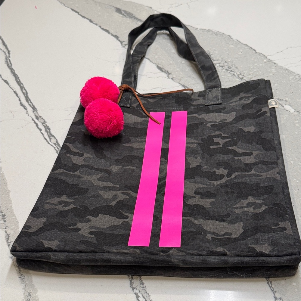 Koala Kanvas Chic Camouflage Tote with Vibrant Pink Stripes and Poms Never Used